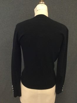 Womens, Sweater, AQUA, Black, Cotton, Viscose, Solid, XS, Pearl Button Front, Ribbed Knit Crew Neck/Waistband/Cuff, Pearl Detailed Cuff