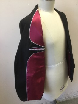 KERDO, Black, Raspberry Pink, Wool, Viscose, Solid, Sport Coat  - 2 Button Single Breasted, 4 Pockets, 1 Slit at Center Back, Raspberry Satin Lining