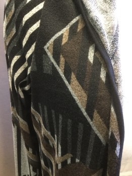 Womens, Sweater, SJS, Black, Tan Brown, Gray, Polyester, Spandex, Novelty Pattern, 3X, Hooded Open Cardigan, Patch Pocket,  3/4 Length
