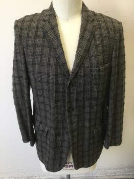 Mens, Blazer/Sport Co, STRAKS CLOTHING, Gray, Black, Lt Gray, Wool, Plaid-  Windowpane, 42L, Textured Gray Wool with Black and Light Gray Speckled Windowpane, Single Breasted, Notched Lapel, 3 Buttons,  3 Pockets, 1950's
