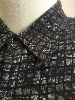 Mens, Casual Shirt, TASSO ELBA ISLAND, Black, Brown, White, Silk, Linen, Abstract , 2XLT, Black with Squares of Brown Lines with White Accents, Short Sleeve Button Front, Collar Attached, 1 Patch Pocket,  **Has Multiples