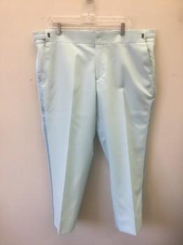 Mens, 1970s Vintage, Formal Pants, DUMB AND DUMBER, Lt Blue, Polyester, Solid, Ins:27, W:42, Flat Front, Satin Side/Outseam Stripe, Zip Fly, Adjustable Tabs at Sides, Straight Leg, Costume Reproduction of Corny 70's/80's Tuxedo