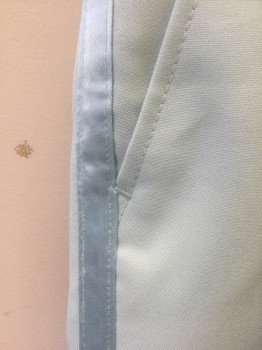 Mens, 1970s Vintage, Formal Pants, DUMB AND DUMBER, Lt Blue, Polyester, Solid, Ins:27, W:42, Flat Front, Satin Side/Outseam Stripe, Zip Fly, Adjustable Tabs at Sides, Straight Leg, Costume Reproduction of Corny 70's/80's Tuxedo