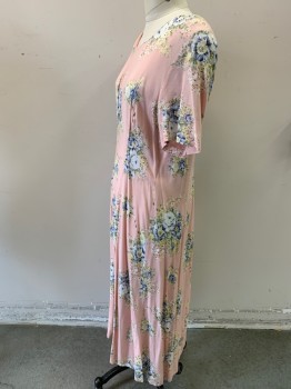 JBS, Lt Pink, Green, Blue, Beige, White, Rayon, Floral, S/S, Round Neck, Padded Shoulders, Box Pleats, Zip Back with Smocking At Back Waist, Mid Calf Length