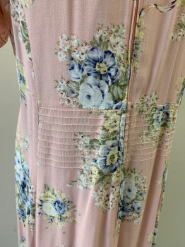 JBS, Lt Pink, Green, Blue, Beige, White, Rayon, Floral, S/S, Round Neck, Padded Shoulders, Box Pleats, Zip Back with Smocking At Back Waist, Mid Calf Length