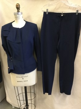 TED BAKER, Navy Blue, Poly/Cotton, Elastane, Solid, Jacket:  Navy, Black with Gray/white Pearl/flower Diamond Block Print Lining, Round Neck with Abstract Fold Detail Work, Copper Zip Front, Long Sleeves with Copper Button, with Matching Pants