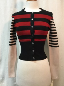 Womens, Sweater, KAREN MILLEN, Black, Beige, Red, Viscose, Polyester, Stripes, 2, Black/ Beige/ Red Stripes, Button Front,