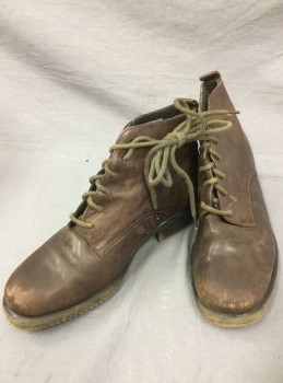 WEST 31st, Brown, Leather, Solid, Ankle Boots, Lace Up, 1" Heel, Lightly Scuffed/Worn,