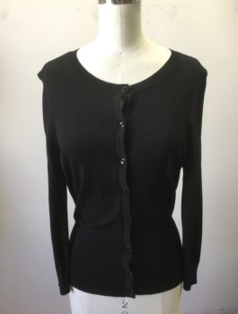 HALOGEN, Black, Viscose, Nylon, Solid, Knit, 3/4 Sleeves, Scoop Neck, Button Front, Fitted