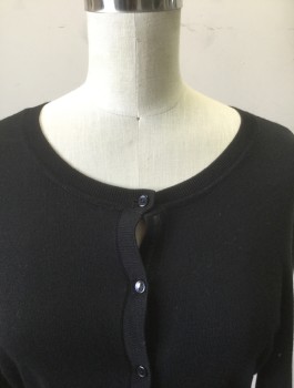 HALOGEN, Black, Viscose, Nylon, Solid, Knit, 3/4 Sleeves, Scoop Neck, Button Front, Fitted