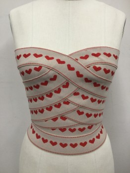 Womens, Top, PLEASURE DOING BUSIN, Beige, Red, Polyester, Rubber, Hearts, S, Strapless Bandage Top, Beige with Red Hearts, Sweetheart Neckline, Zip Back