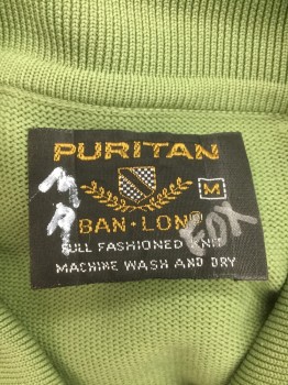 PURITAN, Pea Green, Ban-lon Synthetic, Solid, Pullover, 4 Buttons, 1 Pocket, Long Raglan Sleeves,  Knit,