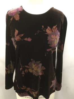 Womens, Top, NOTATIONS, Brown, Dk Brown, Mauve Pink, Mustard Yellow, Polyester, Spandex, Solid, Floral, PS, Velour, Long Sleeves, Crew Neck, Pull Over