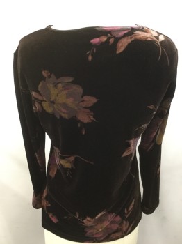 Womens, Top, NOTATIONS, Brown, Dk Brown, Mauve Pink, Mustard Yellow, Polyester, Spandex, Solid, Floral, PS, Velour, Long Sleeves, Crew Neck, Pull Over
