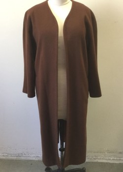 JACQUELINE CONOIR, Brown, Cashmere, Wool, Solid, Chocolate Brown Thick Wool, Open at Center Front with No Closures, 2 Welt Pockets at Hips, No Lapel, Calf Length, Minimalist Aesthetic,