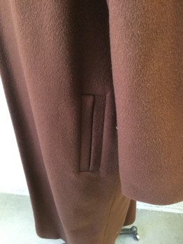 JACQUELINE CONOIR, Brown, Cashmere, Wool, Solid, Chocolate Brown Thick Wool, Open at Center Front with No Closures, 2 Welt Pockets at Hips, No Lapel, Calf Length, Minimalist Aesthetic,