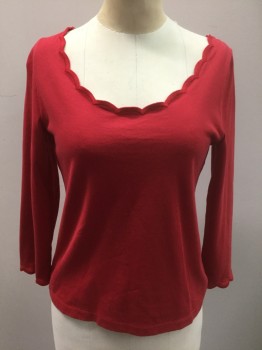 Womens, Top, N/L, Red, Cotton, Solid, S, Jersey, 3/4 Sleeves with Scallopped Edge Scoop Neck and Scallopped Edge on Cuffs, Fitted Tee