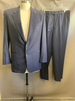 MTO, Navy Blue, White, Wool, Stripes - Pin, Notched Lapel, Single Breasted, Button Front, 2 Buttons, 3 Pockets, Single Back Vent