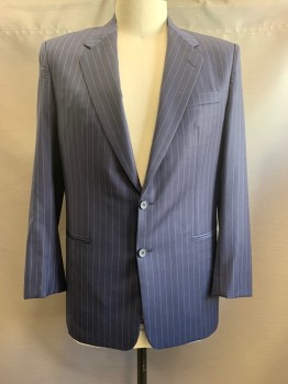 MTO, Navy Blue, White, Wool, Stripes - Pin, Notched Lapel, Single Breasted, Button Front, 2 Buttons, 3 Pockets, Single Back Vent