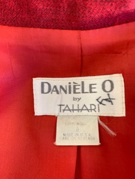 DANIELE O BY TAHARI, Red, Wool, Speckled, Single Breasted, Notched Lapel, 3 Buttons, Padded Shoulders, 4 Welt Pockets,