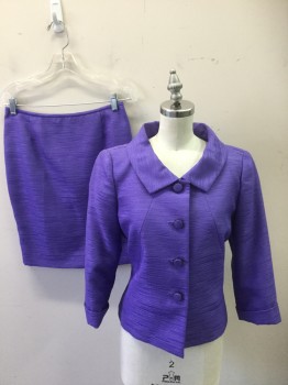 Womens, Suit, Jacket, TAHARI, Orchid Purple, Polyester, Solid, 4, Single Breasted, 4 Buttons, 3/4 Sleeves, Open Collar, Slub Texture
