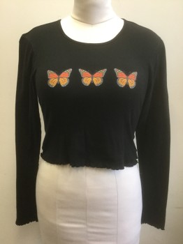 Womens, T-Shirt, TRULY MADLY DEEPLY, Black, Orange, Rust Orange, Cotton, Butterfly, M, 3 Orange and Rust Butterflies, Long Sleeves, Scoop Neck, Cropped Length with Wavy Overlocked Hem, Late 1990's/Early 2000's