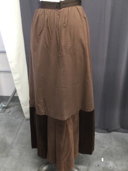 NL, Tobacco Brown, Olive Green, Tan Brown, Brown, Wool, Solid, Stripes, Long Skirt with Cotton and Dark Brown Velvet, Hidden Pleats at Bottom, Grosgrain Waist Band,