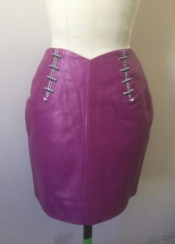 Womens, 1980s Vintage, Piece 2, N/L, Magenta Pink, Leather, H:36, W:26, Mini Skirt, with Black/White Cord/Lacing Details, Silver Triangular Metal Studs, V Shaped Waist, Center Back  Zipper, Club Wear **Has Color Fade at Side Near Hem