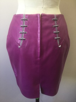 Womens, 1980s Vintage, Piece 2, N/L, Magenta Pink, Leather, H:36, W:26, Mini Skirt, with Black/White Cord/Lacing Details, Silver Triangular Metal Studs, V Shaped Waist, Center Back  Zipper, Club Wear **Has Color Fade at Side Near Hem