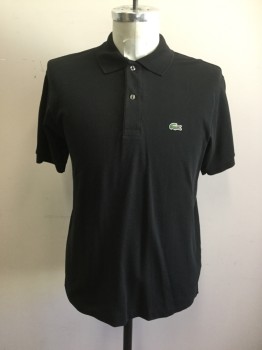 LACOSTE, Black, Cotton, Solid, Pique Knit, Short Sleeves, Ribbed Knit Collar Attached/Cuff, 2 Buttons