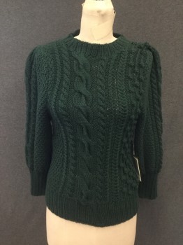 Womens, Pullover, A PIECE APART, Dk Green, Cotton, Solid, XS, Cable Knit, Raised Ball Detail, Puff Sleeve, Ribbed Knit Crew Neck/Waistband/Cuff