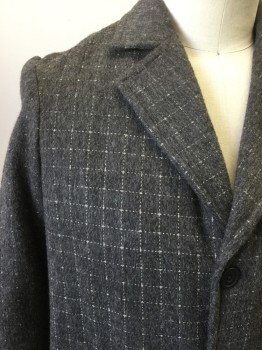 Mens, Coat, MTO, Gray, Lt Gray, Wool, Plaid-  Windowpane, 42, Felt with Screen Print Windowpane, Worn Off in Some Places. 3 Buttons,  Single Breasted, 2 Pockets, Notched Lapel,