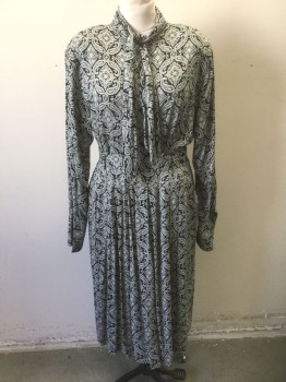 N/L, Black, White, Rayon, Paisley/Swirls, Blouse, Long Sleeve, Button Front, Self Ties at Neck, Heavily Padded Shoulders,