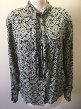 Womens, 1980s Vintage, Top, N/L, Black, White, Rayon, Paisley/Swirls, W:30 , B:42, Blouse, Long Sleeve, Button Front, Self Ties at Neck, Heavily Padded Shoulders,