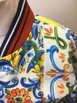 DOLCE & GABBANA, Multi-color, White, Orange, Lime Green, Blue, Polyester, Novelty Pattern, White with Multicolor Mediterranean Tile Pattern with Flowers, Fruit, and Curved Motifs, Zip Front, Bomber Jacket with Orange/Navy/White Striped Rib Knit Neck, Cuffs and Waistband, 2 Zip Pockets, Navy Mesh/Net Lining, High End/Designer Item