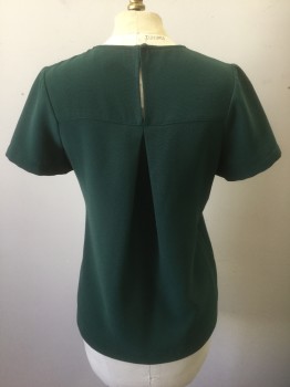 Womens, Top, MADEWELL, Forest Green, Polyester, Solid, XS, Bumpy Textured Crepe, Short Sleeves, Round Neck, Pull Over, 1 Button at Center Back Neck
