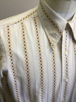 GIVENCHY GENTLEMAN, Ecru, Dijon Yellow, Dk Brown, Polyester, Cotton, Geometric, Stripes, Long Sleeves, French Cuffs,  Button Front, Long Collar Points, Stripes Made From Squares,