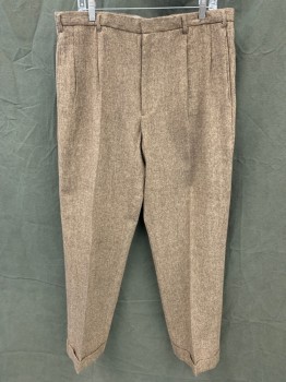 Mens, 1940s Vintage, Suit, Pants, MTO, Brown, Cream, Dk Brown, Wool, Tweed, 36/31, Double Pleats, Zip Fly, 4 Pockets, Belt Loops, Cuffed.