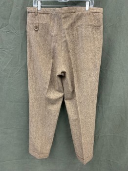 Mens, 1940s Vintage, Suit, Pants, MTO, Brown, Cream, Dk Brown, Wool, Tweed, 36/31, Double Pleats, Zip Fly, 4 Pockets, Belt Loops, Cuffed.