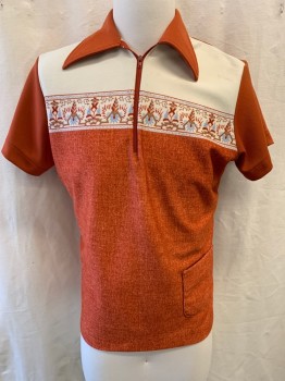 Womens, Shirt, KING LOUIE, Burnt Orange, Beige, Brick Red, White, Polyester, 2 Color Weave, Color Blocking, S, Collar Attached, Zip Front, Short Sleeves, Light Blue & Red Abstract Pattern on Beige Area, Patch Pocket *Stained on Left Upper Chest