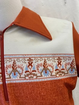 KING LOUIE, Burnt Orange, Beige, Brick Red, White, Polyester, 2 Color Weave, Color Blocking, Collar Attached, Zip Front, Short Sleeves, Light Blue & Red Abstract Pattern on Beige Area, Patch Pocket *Stained on Left Upper Chest