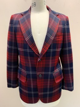 OH BACK'S, Navy Blue, Red, White, Polyester, Wool, Plaid, Notched Lapel, Single Breasted, Button Front, 2 Buttons, 3 Pockets