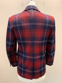 OH BACK'S, Navy Blue, Red, White, Polyester, Wool, Plaid, Notched Lapel, Single Breasted, Button Front, 2 Buttons, 3 Pockets