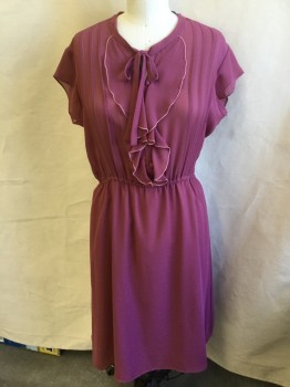 N/L, Mauve Pink, Dusty Pink, Polyester, Solid, Sheer, Dark Mauve,1/2" Crew Neck with Self Attached Neck Tie, Self Ruffle with Dusty Pink Over Lock Stitch Trim, Pleat Front, Fake Cover 3 Button Front, ,Cap Sleeves, Thin Elastic Waistband, Dark Salmon Lining Skirt, Sides Taken in 3/4" to Nothing By the Time at the Waist.