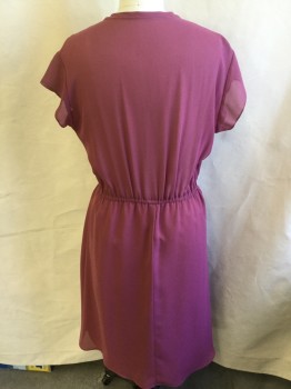 N/L, Mauve Pink, Dusty Pink, Polyester, Solid, Sheer, Dark Mauve,1/2" Crew Neck with Self Attached Neck Tie, Self Ruffle with Dusty Pink Over Lock Stitch Trim, Pleat Front, Fake Cover 3 Button Front, ,Cap Sleeves, Thin Elastic Waistband, Dark Salmon Lining Skirt, Sides Taken in 3/4" to Nothing By the Time at the Waist.