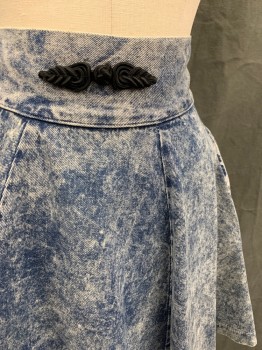 Womens, 1980s Vintage, Piece 2, CRISTINA, Blue, White, Cotton, Acid Wash, W 24, Skirt, 2 1/2" Waistband, 2 Pockets, Zip Back, Black Frog Attached Detail Front Waistband,