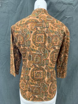 Womens, Shirt, KORET OF CA, Burnt Orange, Lt Brown, Brown, Green, Cotton, Paisley/Swirls, B 34, Paisley Square and Circle Medallions, Button Front, Band Collar, 3/4 Sleeve
