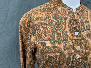 Womens, Shirt, KORET OF CA, Burnt Orange, Lt Brown, Brown, Green, Cotton, Paisley/Swirls, B 34, Paisley Square and Circle Medallions, Button Front, Band Collar, 3/4 Sleeve