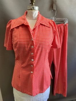 Womens, 1970s Vintage, Piece 1, N/L, Red, White, Polyester, Gingham, B:44, Short Sleeve Shirt, Button Front, Wide Oversized Collar, White Buttons, *Missing a Button