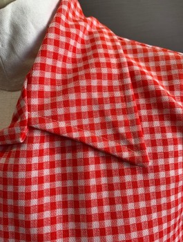 Womens, 1970s Vintage, Piece 1, N/L, Red, White, Polyester, Gingham, B:44, Short Sleeve Shirt, Button Front, Wide Oversized Collar, White Buttons, *Missing a Button